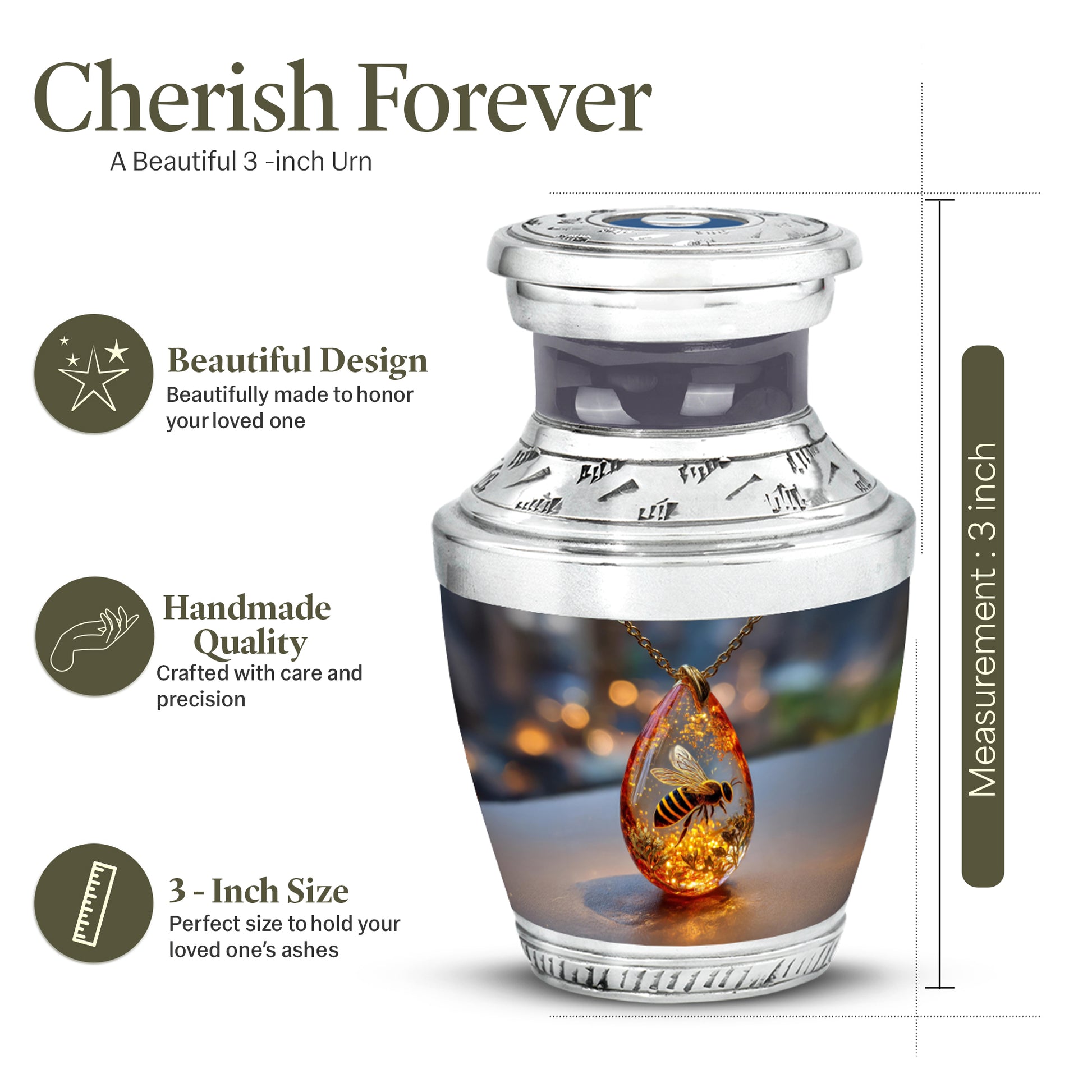Obsidian Black Bee Cremation Urn top-down view of secure threaded lid - stylized abstract bee pattern with bold lines - mini keepsake memorial for portion of cremation ashes