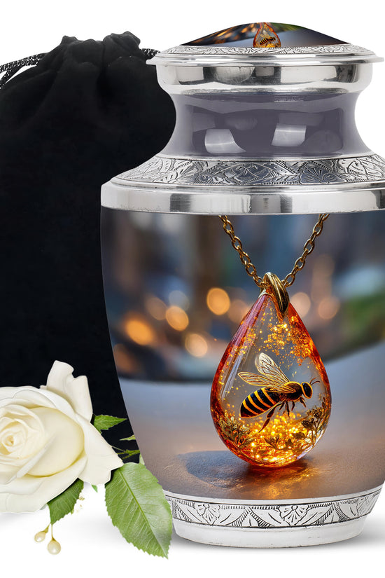 Onyx Black Bee Cremation Urn side profile showing urn shape - artistic bee interpretation with creative detail - full-size 10 inch 200 cubic inch adult cremation urn