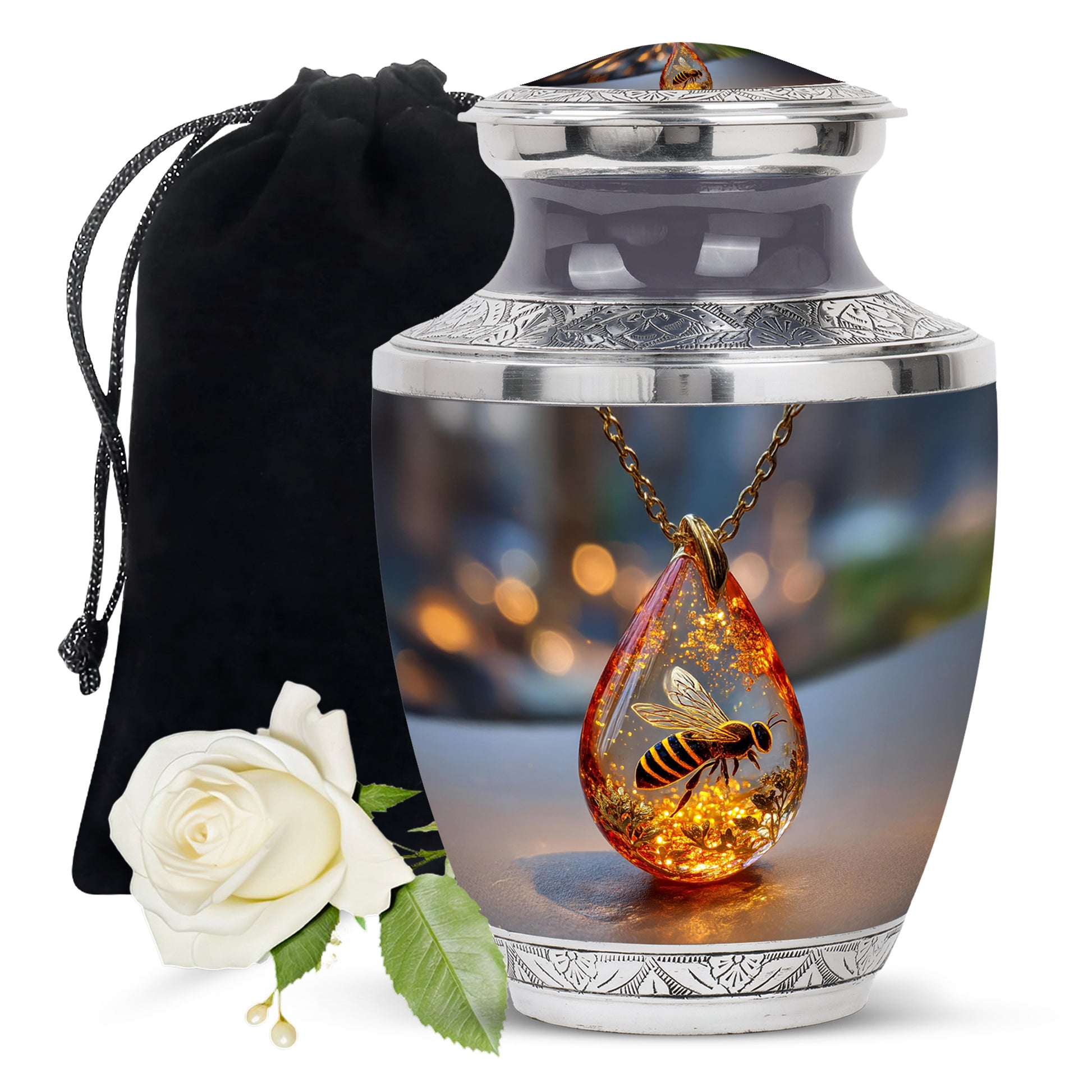 Onyx Black Bee Cremation Urn side profile showing urn shape - artistic bee interpretation with creative detail - full-size 10 inch 200 cubic inch adult cremation urn