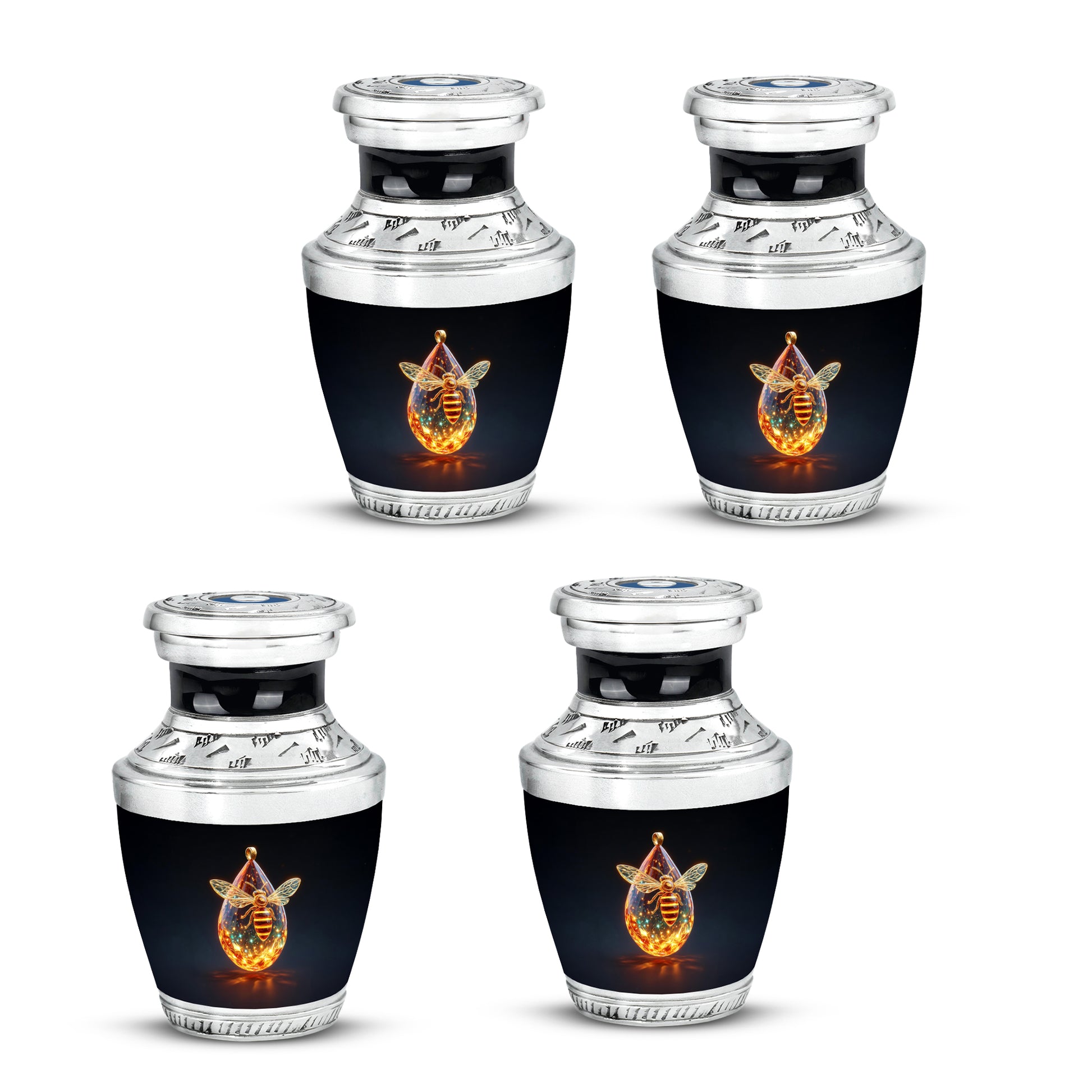 Onyx Black Bee Cremation Urn back view with polished surface - artistic bee interpretation with creative detail - 10 inch aluminum urn for cremated remains