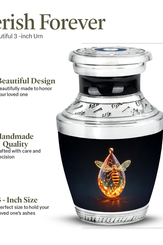 Obsidian Black Bee Cremation Urn top-down view of secure threaded lid - stylized abstract bee pattern with bold lines - mini keepsake memorial for portion of cremation ashes