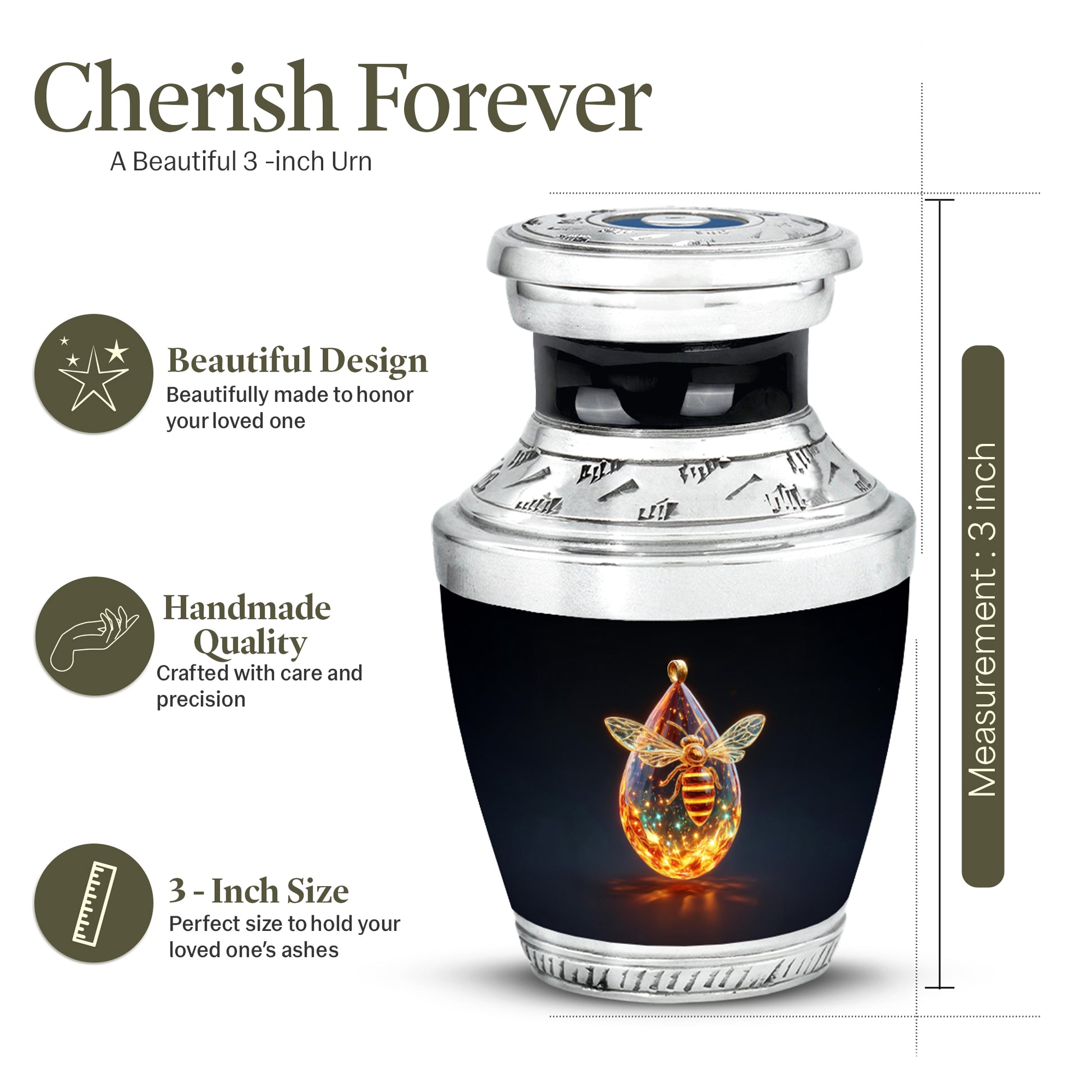 Obsidian Black Bee Cremation Urn top-down view of secure threaded lid - stylized abstract bee pattern with bold lines - mini keepsake memorial for portion of cremation ashes