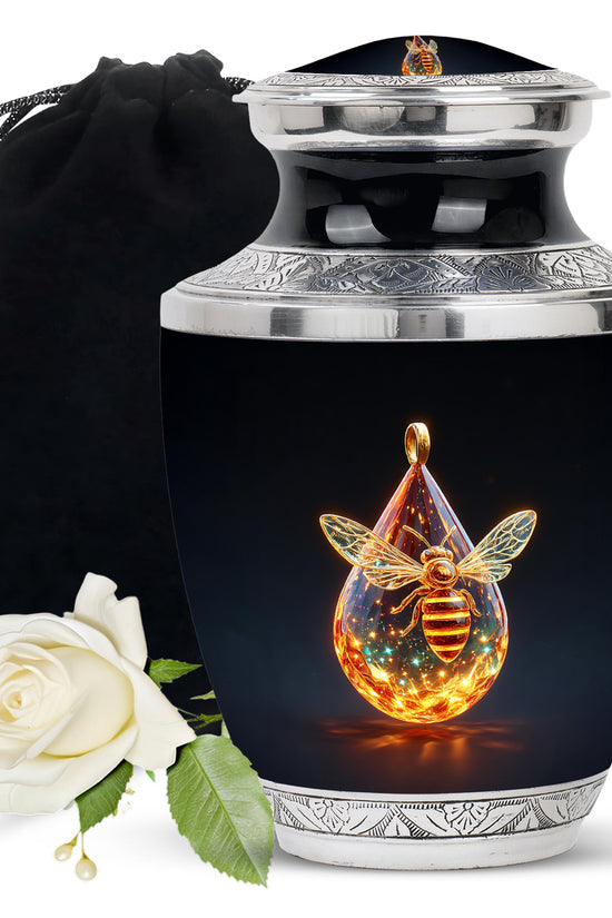 Dark Black Bee Cremation Urn side profile showing urn shape - artistic bee interpretation with creative detail - full-size 10 inch 200 cubic inch adult cremation urn