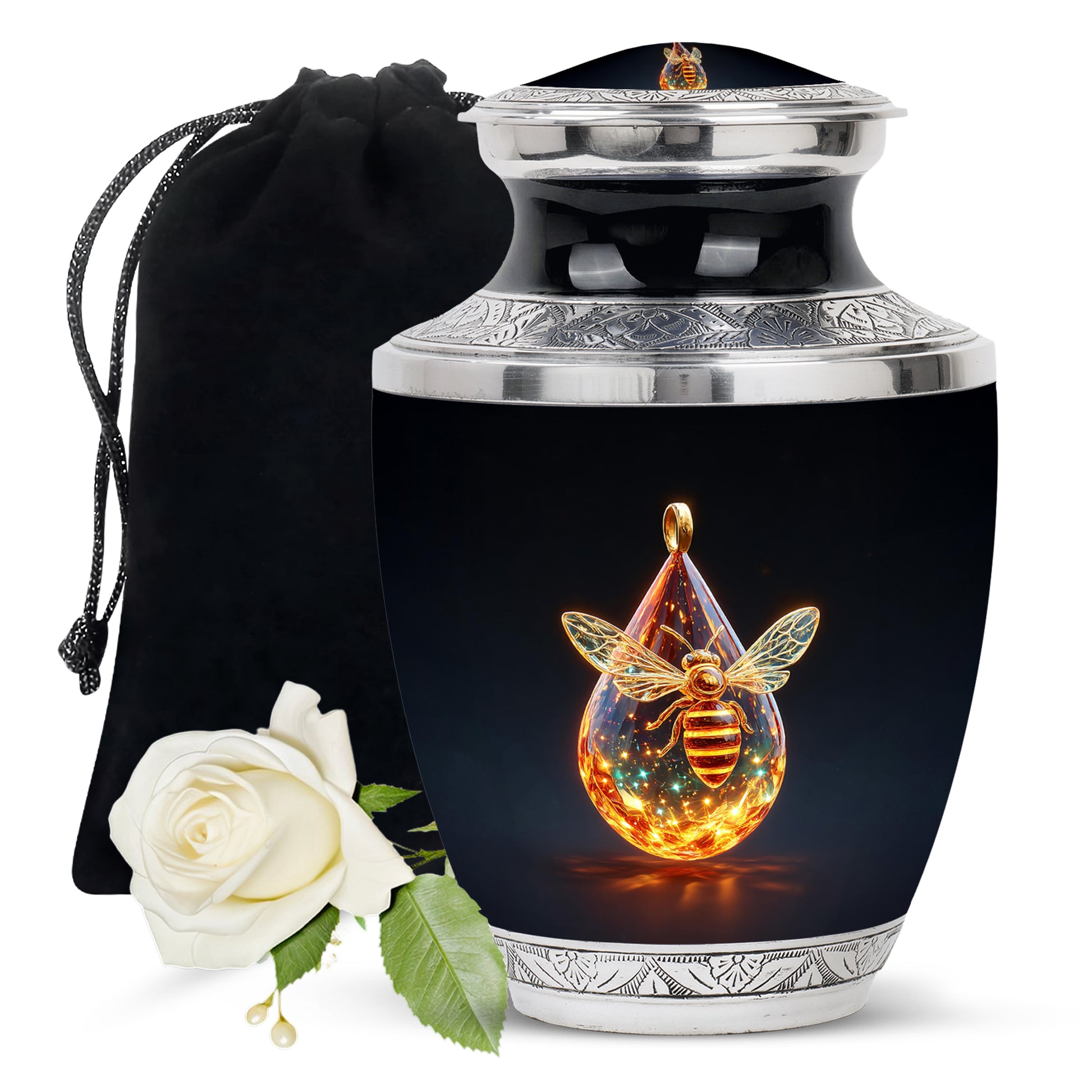 Dark Black Bee Cremation Urn side profile showing urn shape - artistic bee interpretation with creative detail - full-size 10 inch 200 cubic inch adult cremation urn