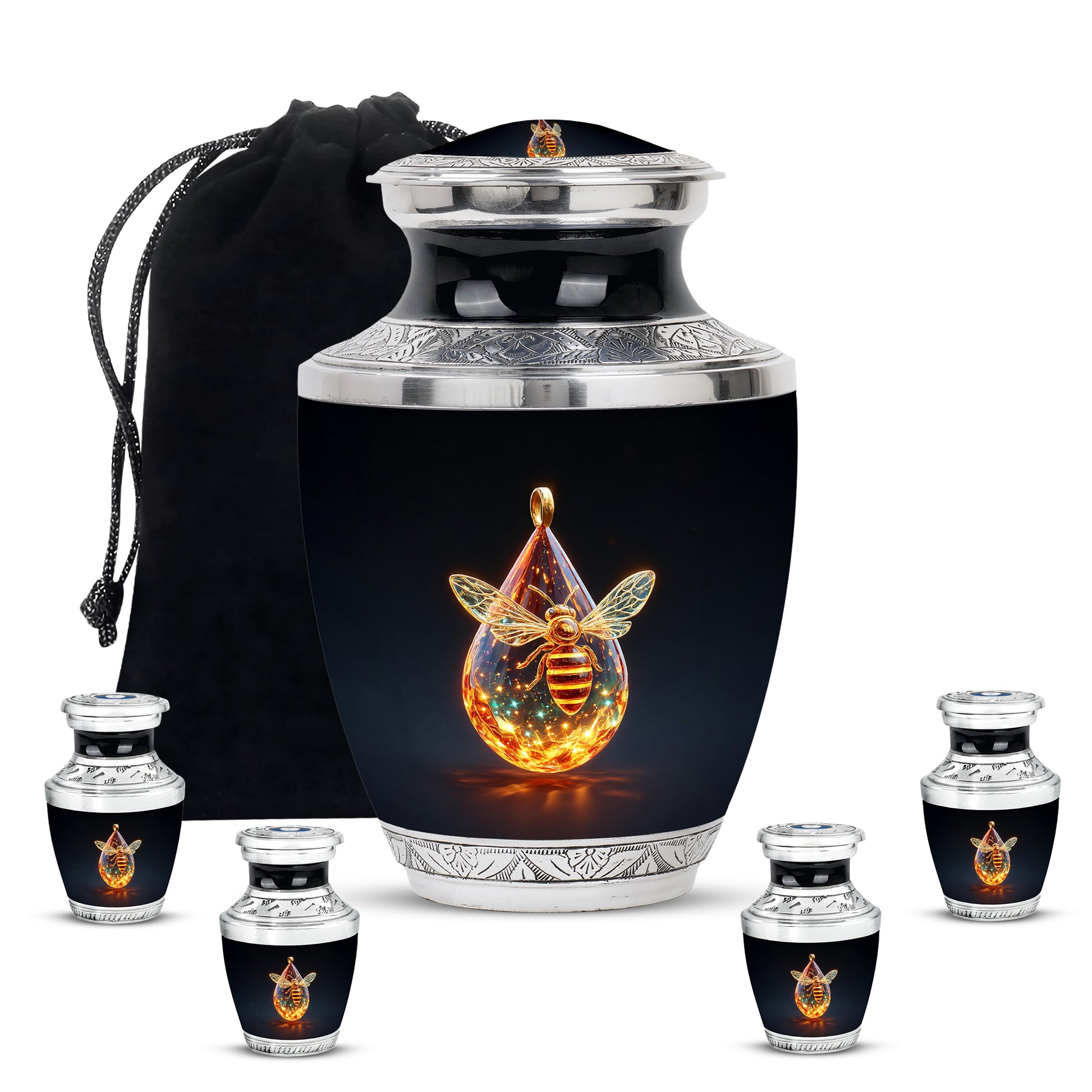 Ebony Bee Cremation Urn lifestyle display on memorial shelf - contemporary bee design with modern artistic flair - memorial set with one large and four small urns