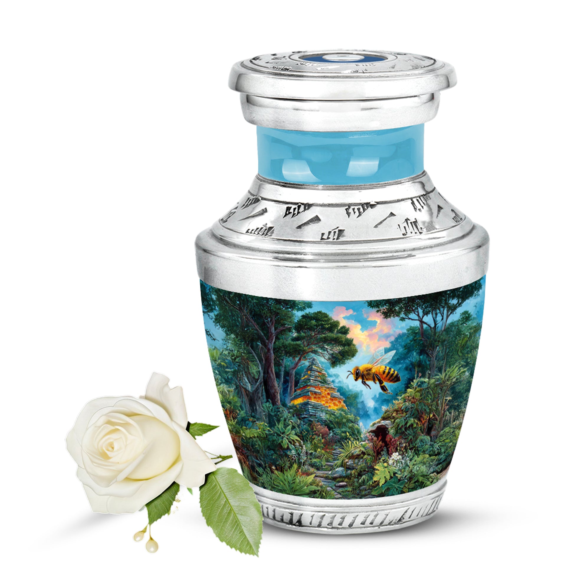 Teal Breathtaking Bee Memorial Urn for Ashes - 10-inch, 200 cu in - Karyliz