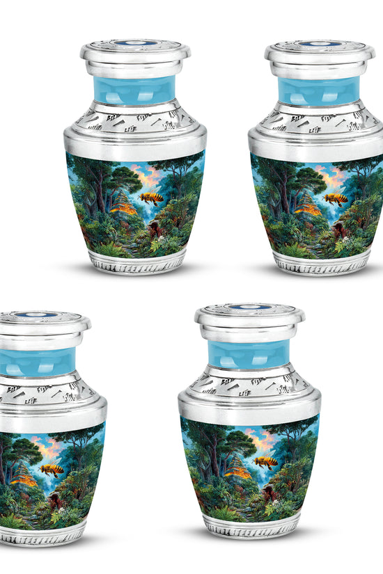 Deep Teal Bee Cremation Urn back view with polished surface - stylized abstract bee pattern with bold lines - 10 inch aluminum urn for cremated remains