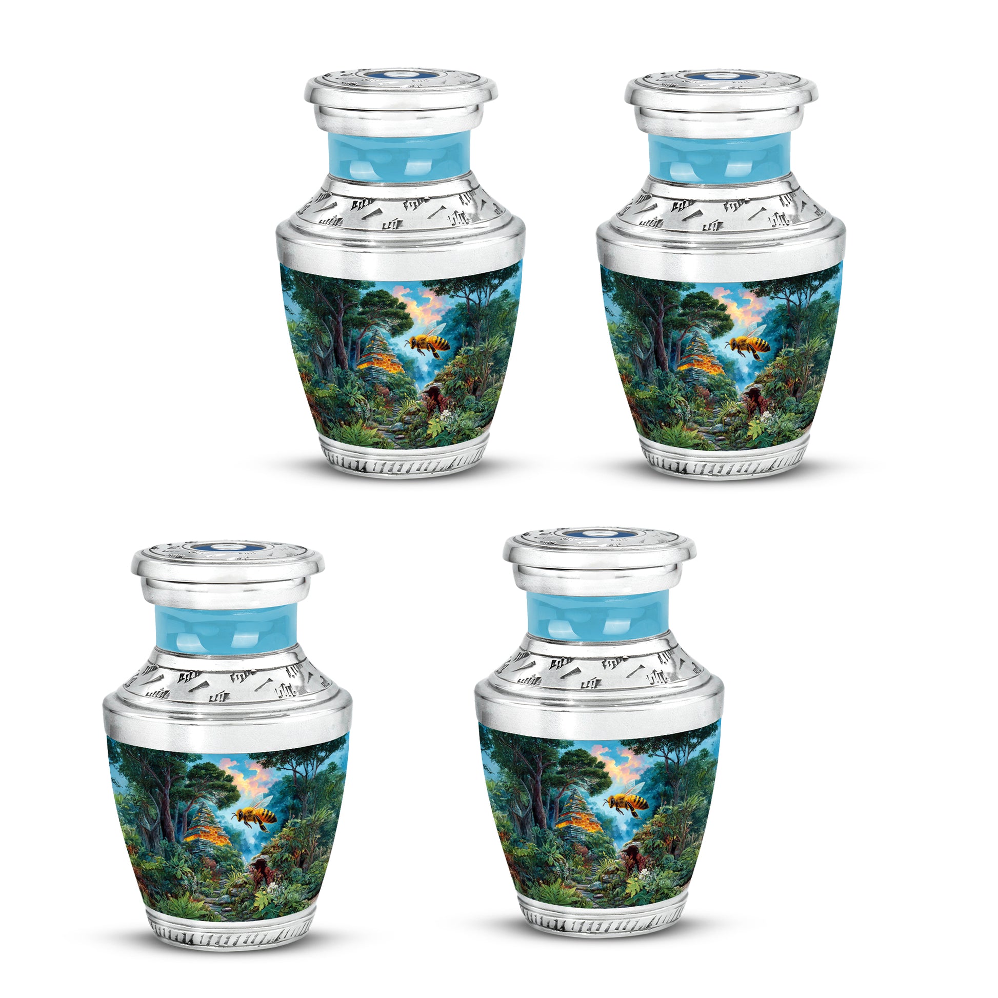 Deep Teal Bee Cremation Urn back view with polished surface - stylized abstract bee pattern with bold lines - 10 inch aluminum urn for cremated remains