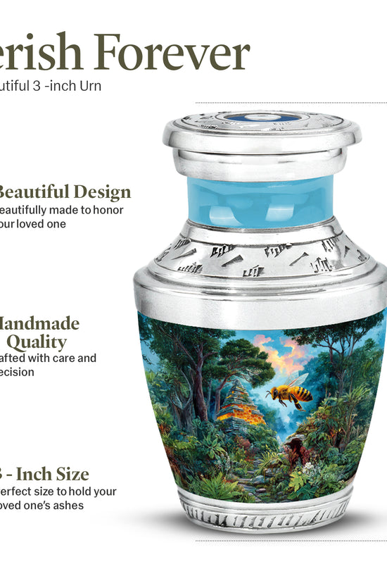 Aqua Teal Bee Cremation Urn top-down view of secure threaded lid - stylized abstract bee pattern with bold lines - mini keepsake memorial for portion of cremation ashes