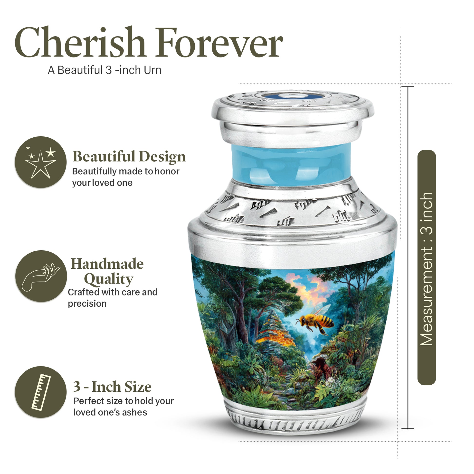 Aqua Teal Bee Cremation Urn top-down view of secure threaded lid - stylized abstract bee pattern with bold lines - mini keepsake memorial for portion of cremation ashes