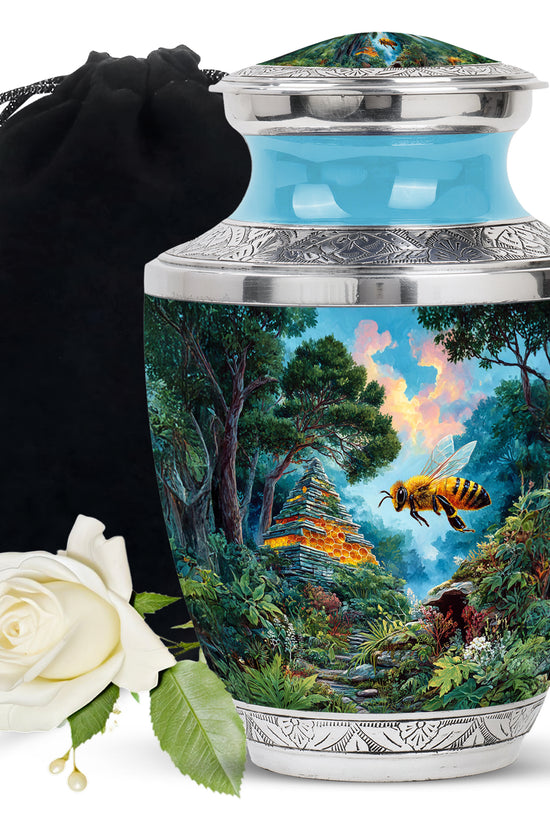 Vivid Teal Bee Cremation Urn side profile showing urn shape - stylized abstract bee pattern with bold lines - full-size 10 inch 200 cubic inch adult cremation urn