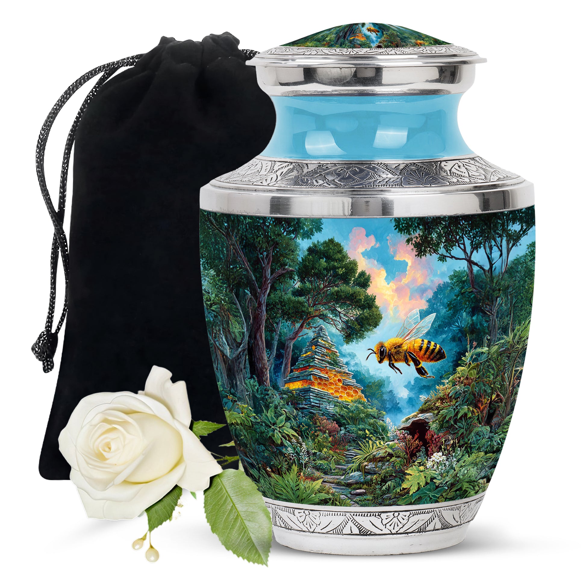 Vivid Teal Bee Cremation Urn side profile showing urn shape - stylized abstract bee pattern with bold lines - full-size 10 inch 200 cubic inch adult cremation urn