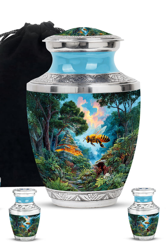 Sea Green Teal Bee Cremation Urn lifestyle display on memorial shelf - contemporary bee design with modern artistic flair - memorial set with one large and four small urns