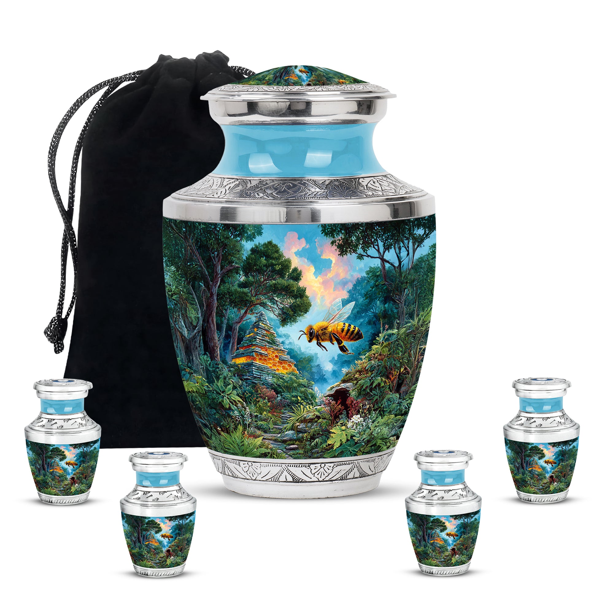 Sea Green Teal Bee Cremation Urn lifestyle display on memorial shelf - contemporary bee design with modern artistic flair - memorial set with one large and four small urns
