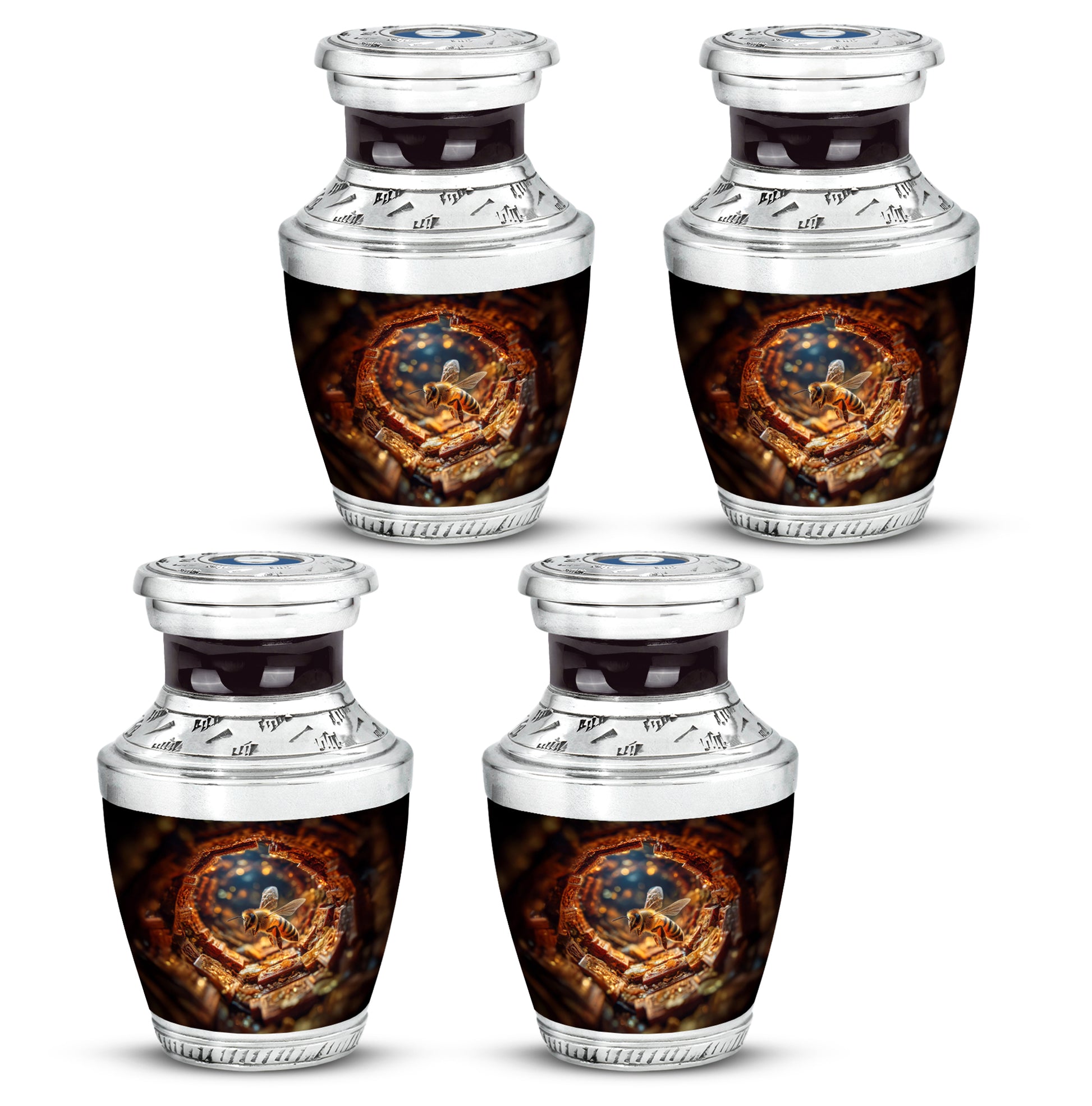 Wine Red Bee Cremation Urn back view with polished surface - contemporary bee design with modern artistic flair - 10 inch aluminum urn for cremated remains