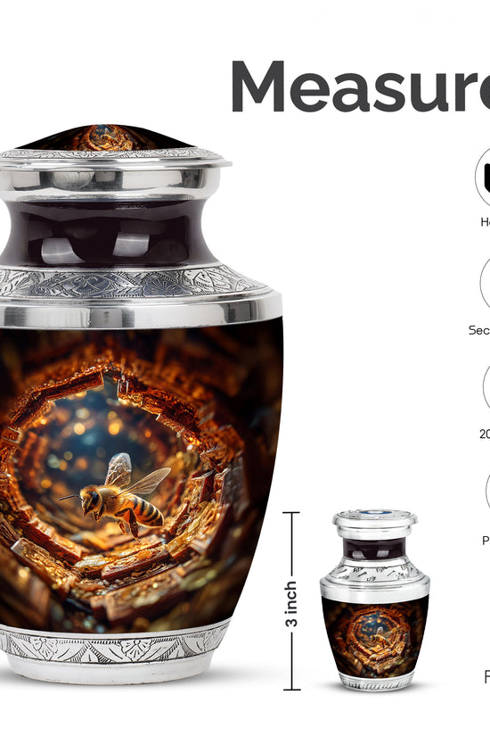 Fiery Red Bee Cremation Urn top-down view of secure threaded lid - stylized abstract bee pattern with bold lines - mini keepsake memorial for portion of cremation ashes