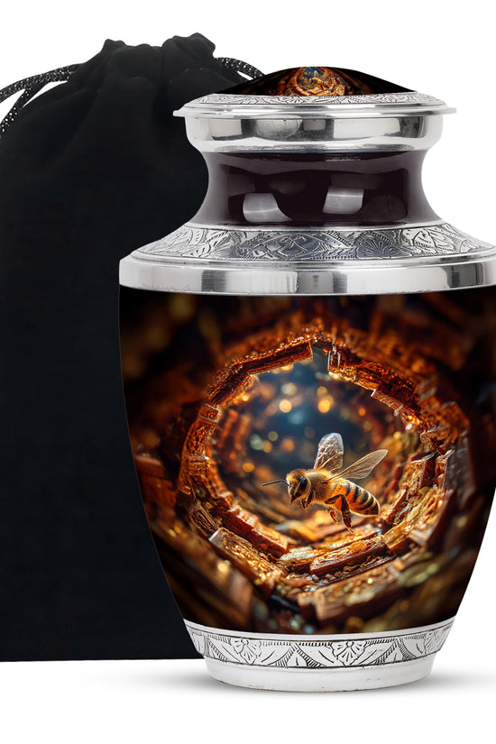 Scarlet Red Bee Cremation Urn side profile showing urn shape - artistic bee interpretation with creative detail - full-size 10 inch 200 cubic inch adult cremation urn