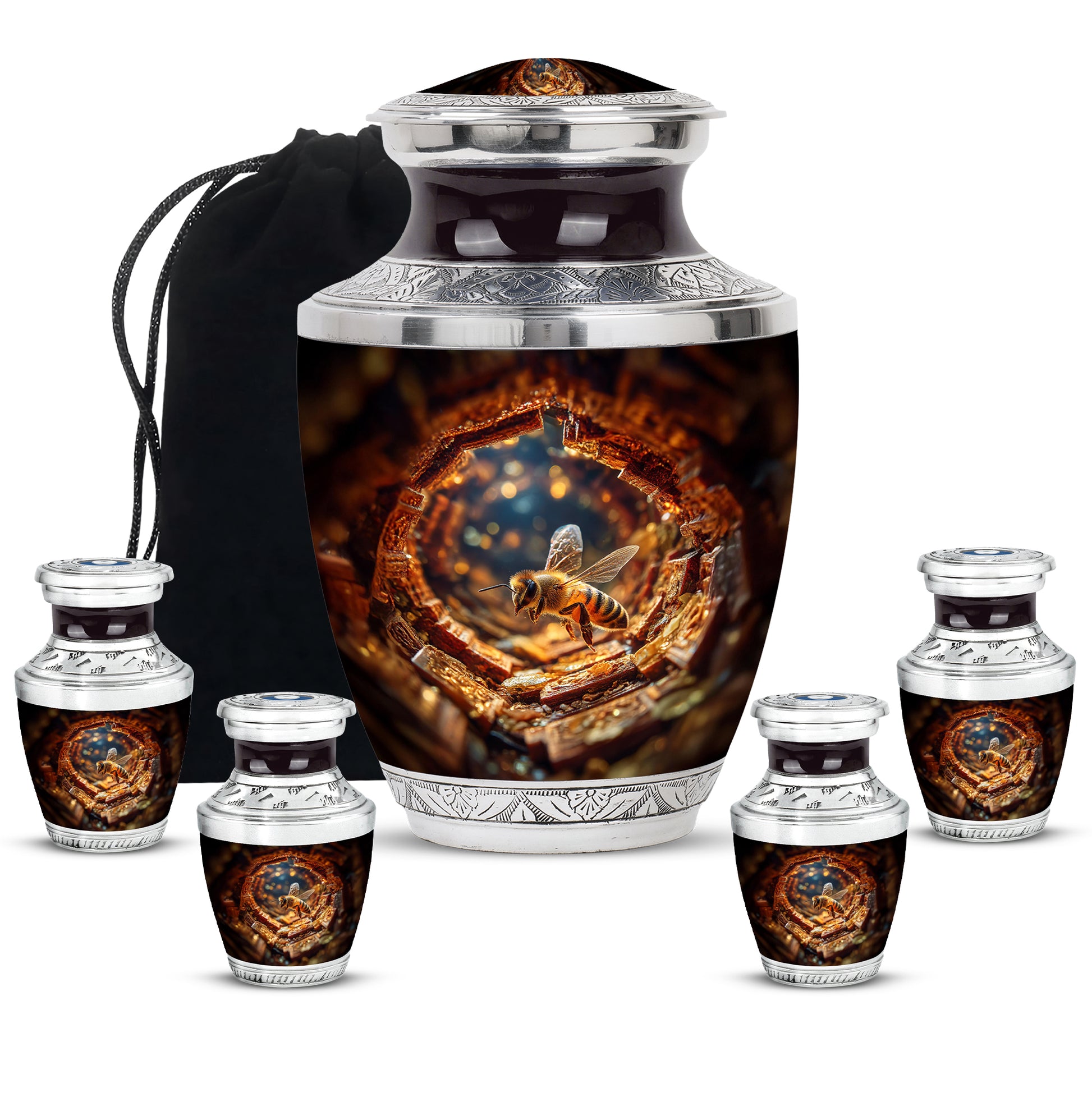 Wine Red Bee Cremation Urn lifestyle display on memorial shelf - contemporary bee design with modern artistic flair - memorial set with one large and four small urns