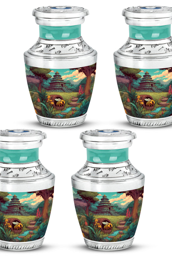Sage Green Bee Cremation Urn back view with polished surface - modern art-inspired bee motif on sleek aluminum - 10 inch aluminum urn for cremated remains