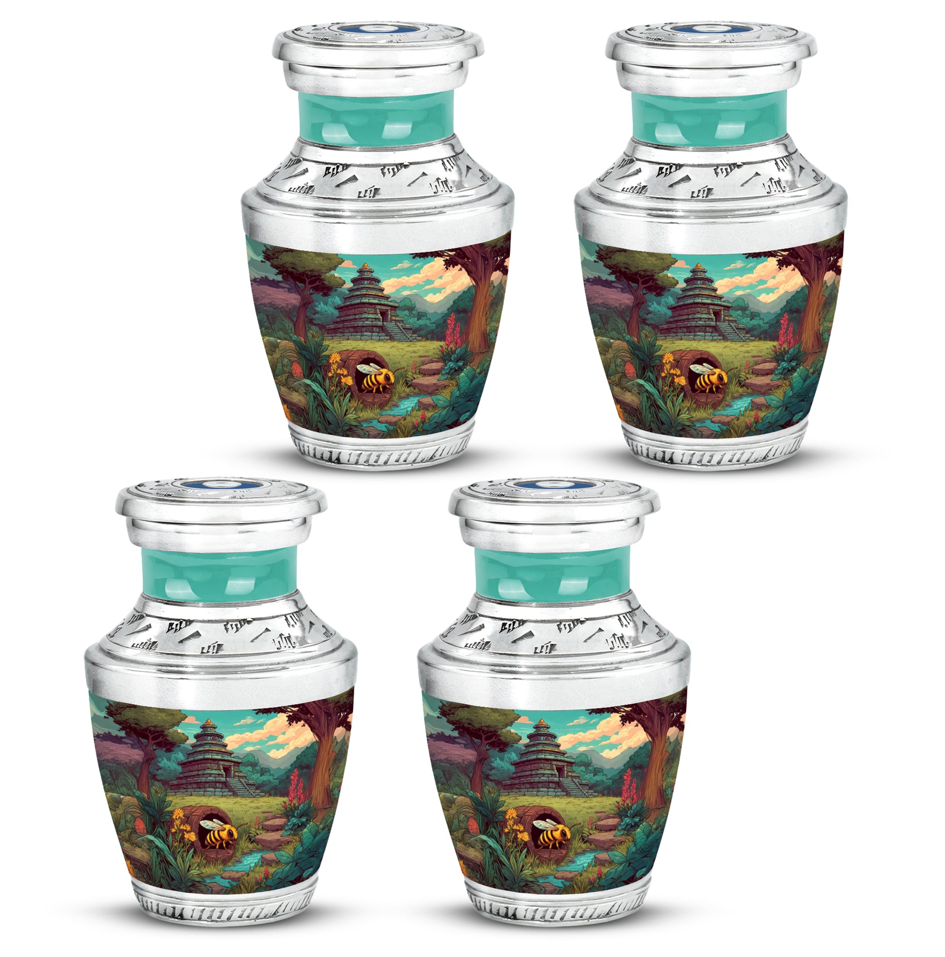 Sage Green Bee Cremation Urn back view with polished surface - modern art-inspired bee motif on sleek aluminum - 10 inch aluminum urn for cremated remains