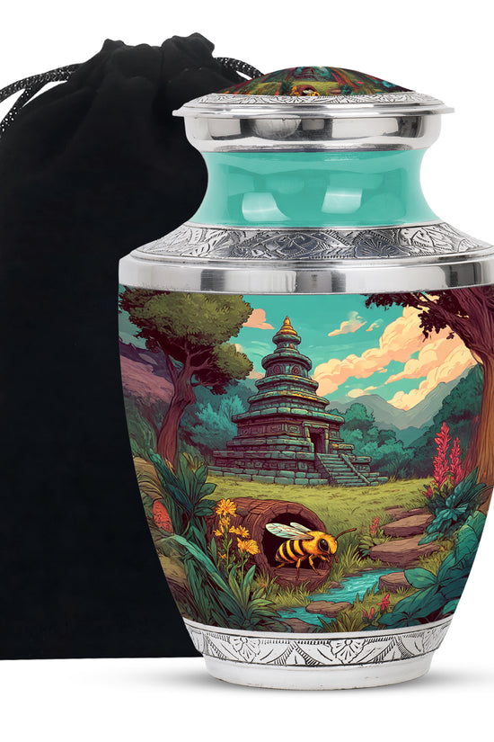 Moss Green Bee Cremation Urn side profile showing urn shape - modern art-inspired bee motif on sleek aluminum - full-size 10 inch 200 cubic inch adult cremation urn