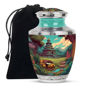 Moss Green Bee Cremation Urn side profile showing urn shape - modern art-inspired bee motif on sleek aluminum - full-size 10 inch 200 cubic inch adult cremation urn