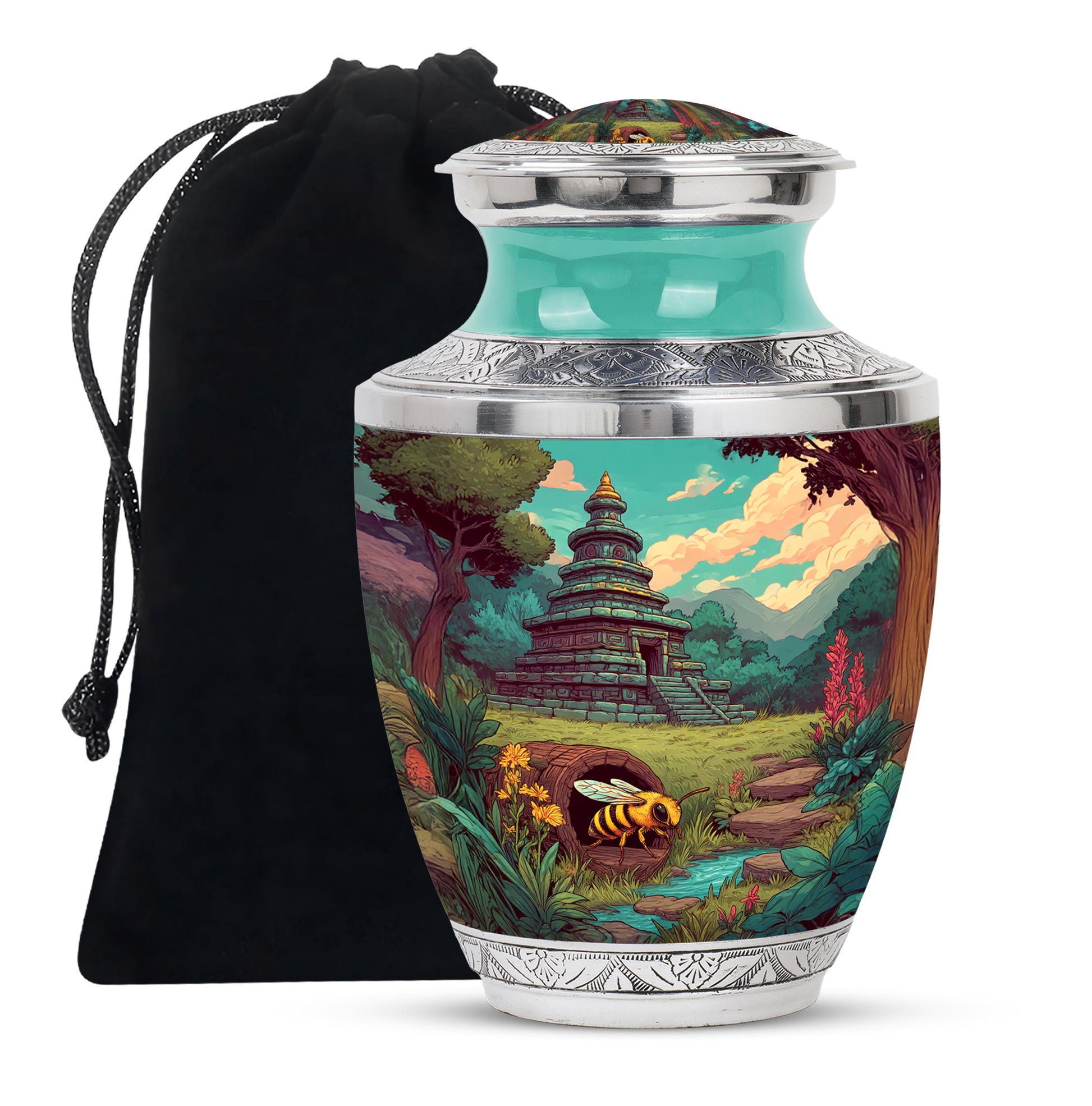 Moss Green Bee Cremation Urn side profile showing urn shape - modern art-inspired bee motif on sleek aluminum - full-size 10 inch 200 cubic inch adult cremation urn