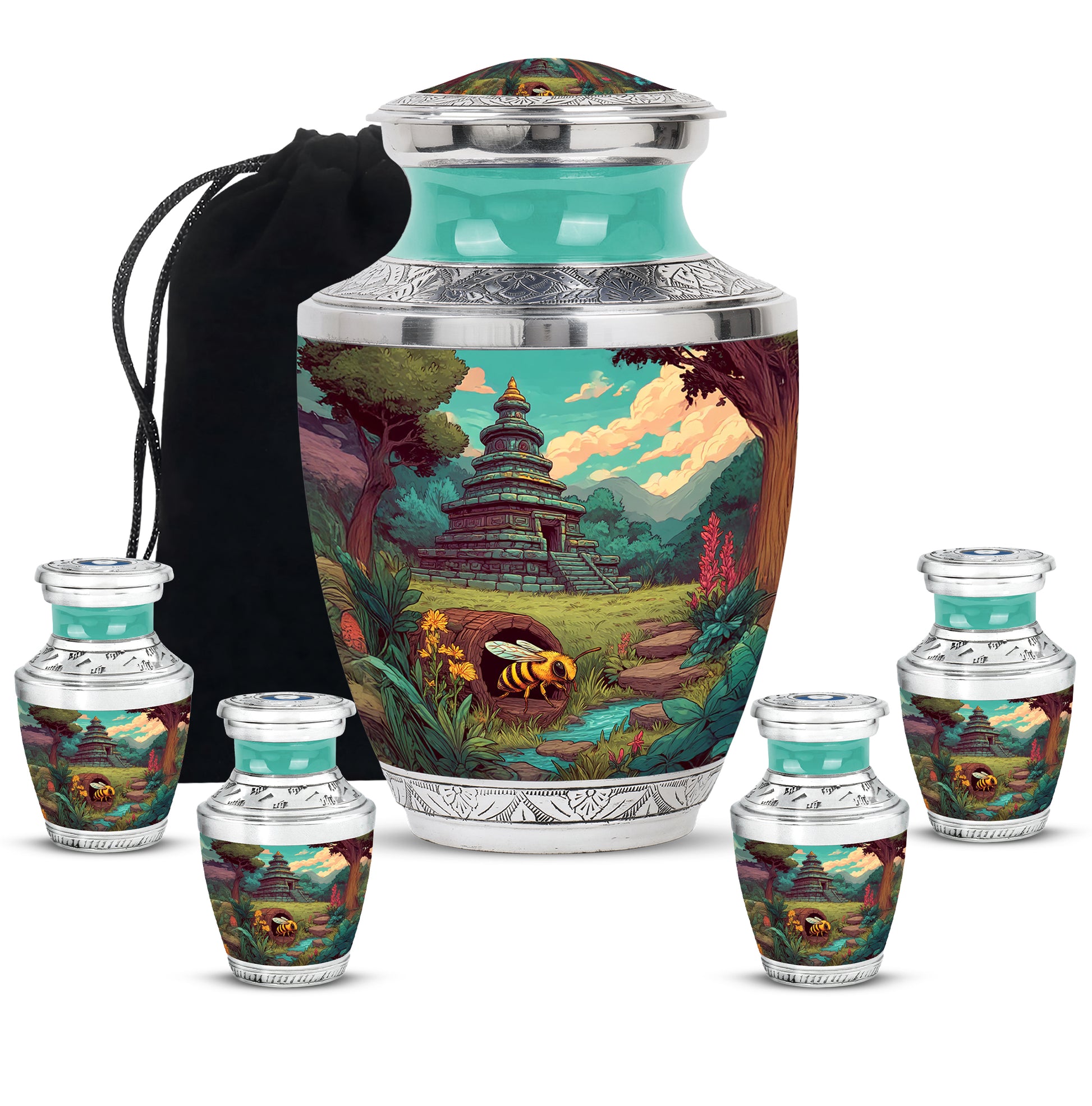 Olive Green Bee Cremation Urn lifestyle display on memorial shelf - stylized abstract bee pattern with bold lines - memorial set with one large and four small urns