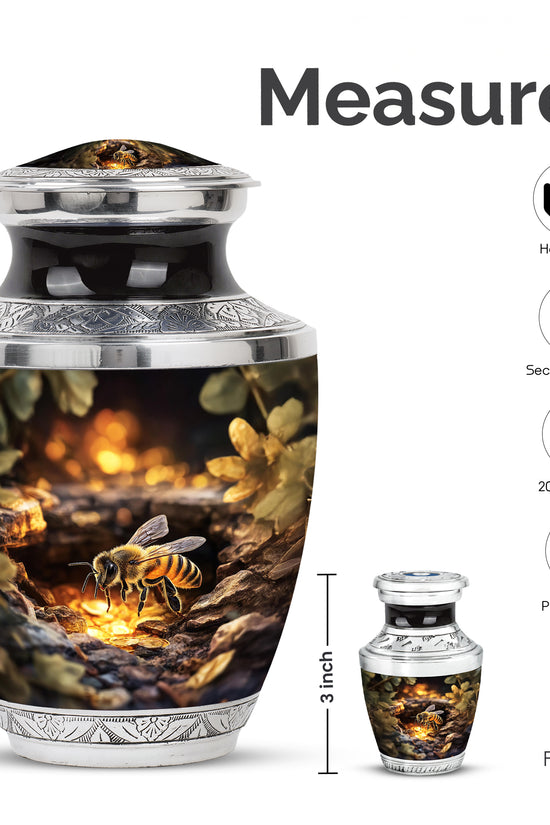 Matte Gold Bee Cremation Urn top-down view of secure threaded lid - artistic bee interpretation with creative detail - mini keepsake memorial for portion of cremation ashes