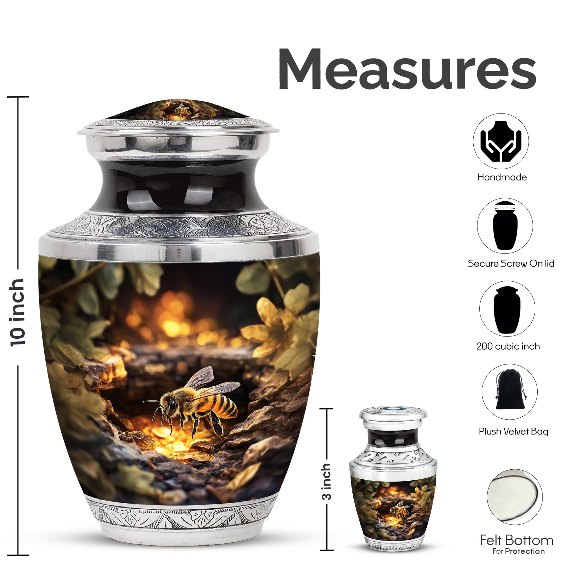 Matte Gold Bee Cremation Urn top-down view of secure threaded lid - artistic bee interpretation with creative detail - mini keepsake memorial for portion of cremation ashes