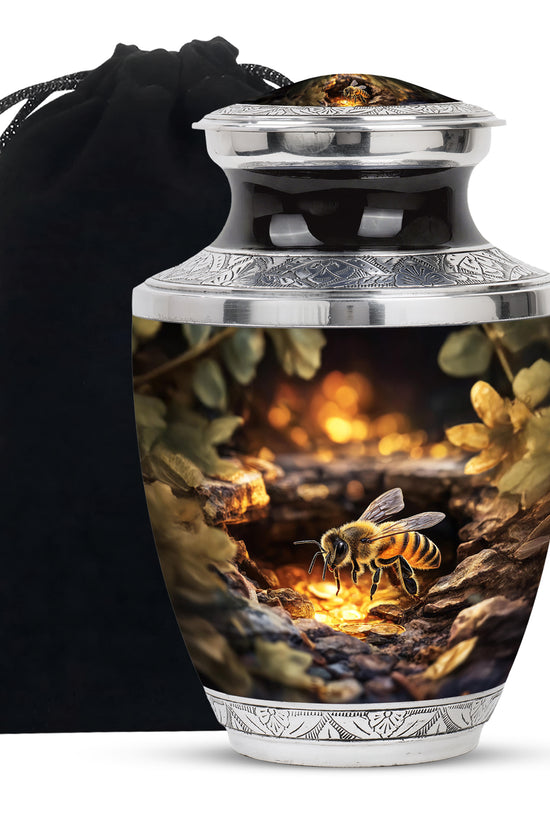 Antique Gold Bee Cremation Urn side profile showing urn shape - modern art-inspired bee motif on sleek aluminum - full-size 10 inch 200 cubic inch adult cremation urn