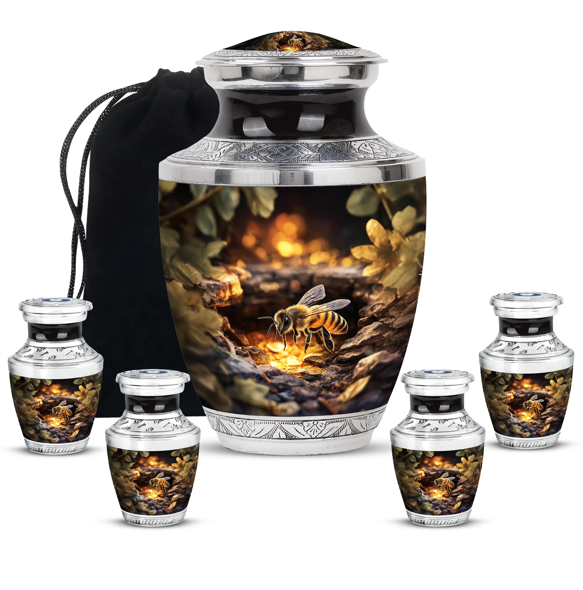 Matte Gold Bee Cremation Urn lifestyle display on memorial shelf - stylized abstract bee pattern with bold lines - memorial set with one large and four small urns