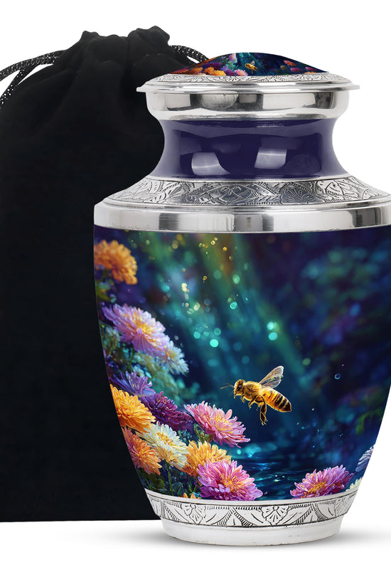 Charcoal Black Bee Cremation Urn side profile showing urn shape - stylized abstract bee pattern with bold lines - full-size 10 inch 200 cubic inch adult cremation urn
