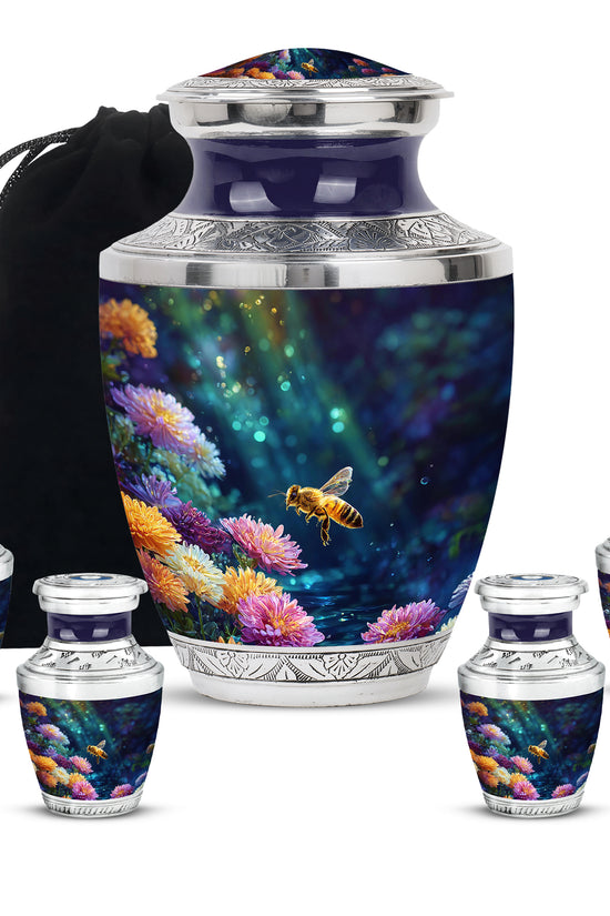 Ebony Bee Cremation Urn lifestyle display on memorial shelf - modern art-inspired bee motif on sleek aluminum - memorial set with one large and four small urns