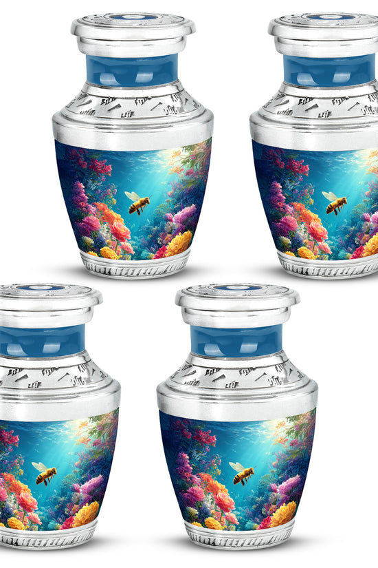Dusty Blue Bee Cremation Urn back view with polished surface - contemporary bee design with modern artistic flair - 10 inch aluminum urn for cremated remains