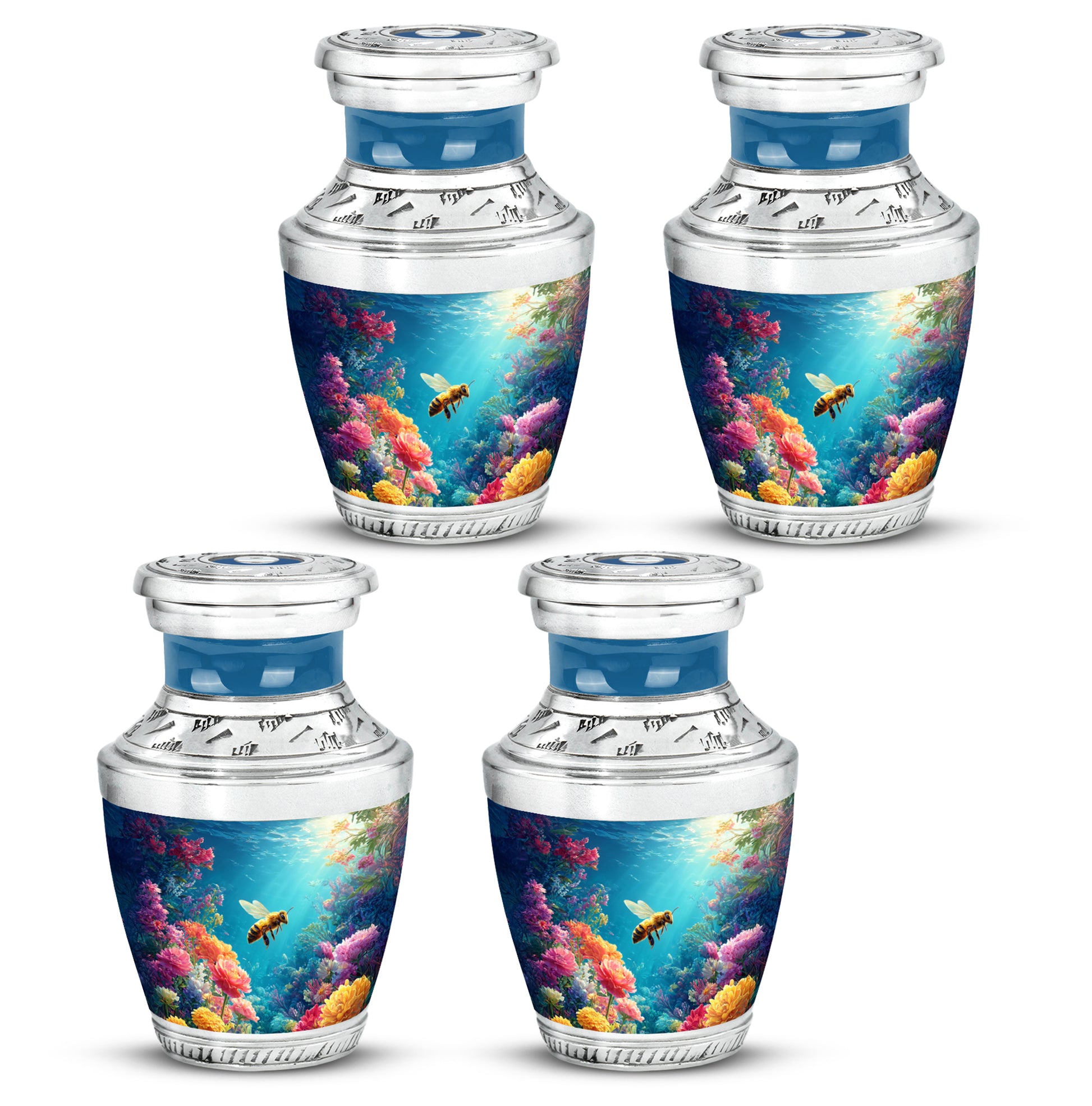 Dusty Blue Bee Cremation Urn back view with polished surface - contemporary bee design with modern artistic flair - 10 inch aluminum urn for cremated remains