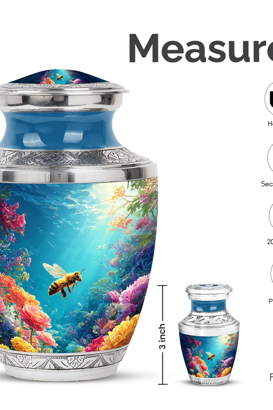 Soft Blue Bee Cremation Urn top-down view of secure threaded lid - artistic bee interpretation with creative detail - mini keepsake memorial for portion of cremation ashes