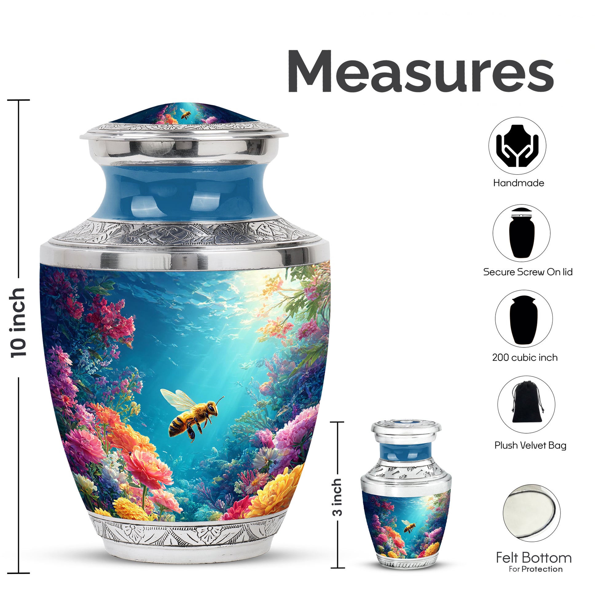 Soft Blue Bee Cremation Urn top-down view of secure threaded lid - artistic bee interpretation with creative detail - mini keepsake memorial for portion of cremation ashes