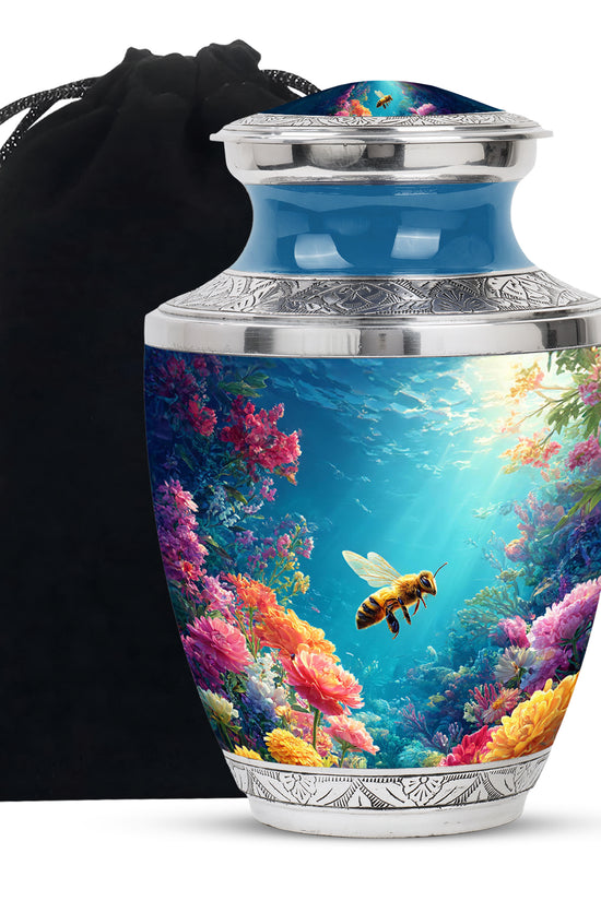 Icy Blue Bee Cremation Urn side profile showing urn shape - modern art-inspired bee motif on sleek aluminum - full-size 10 inch 200 cubic inch adult cremation urn