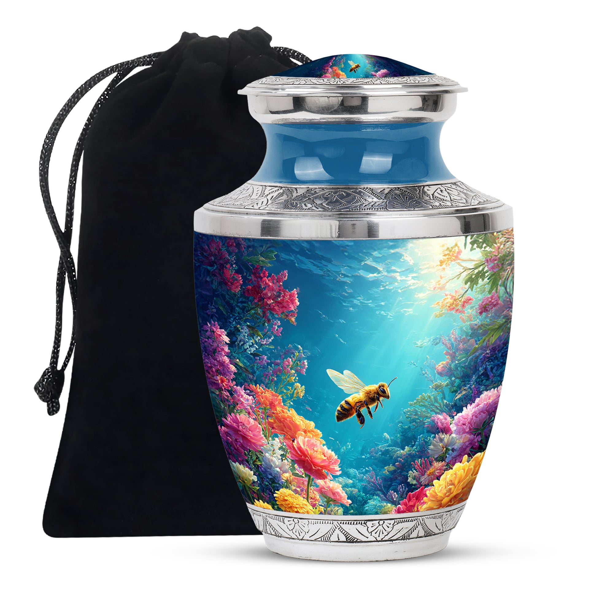 Icy Blue Bee Cremation Urn side profile showing urn shape - modern art-inspired bee motif on sleek aluminum - full-size 10 inch 200 cubic inch adult cremation urn