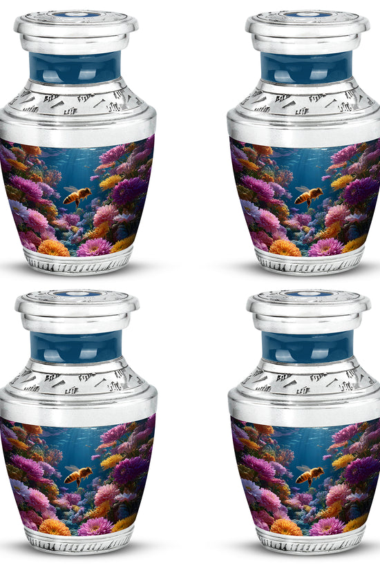 Sky Blue Bee Cremation Urn back view with polished surface - contemporary bee design with modern artistic flair - 10 inch aluminum urn for cremated remains