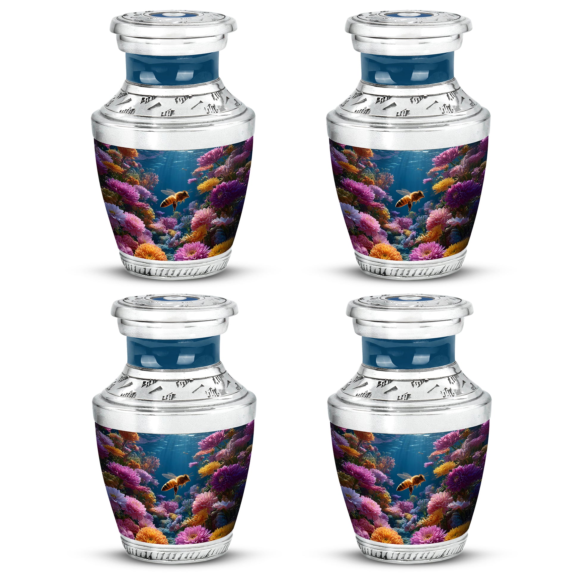 Sky Blue Bee Cremation Urn back view with polished surface - contemporary bee design with modern artistic flair - 10 inch aluminum urn for cremated remains