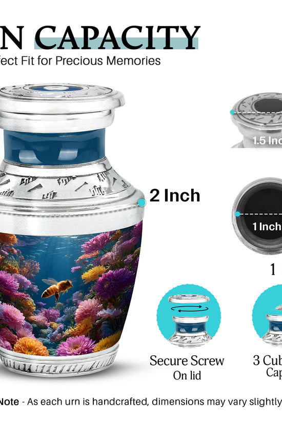 Dusty Blue Bee Cremation Urn top-down view of secure threaded lid - modern art-inspired bee motif on sleek aluminum - mini keepsake memorial for portion of cremation ashes