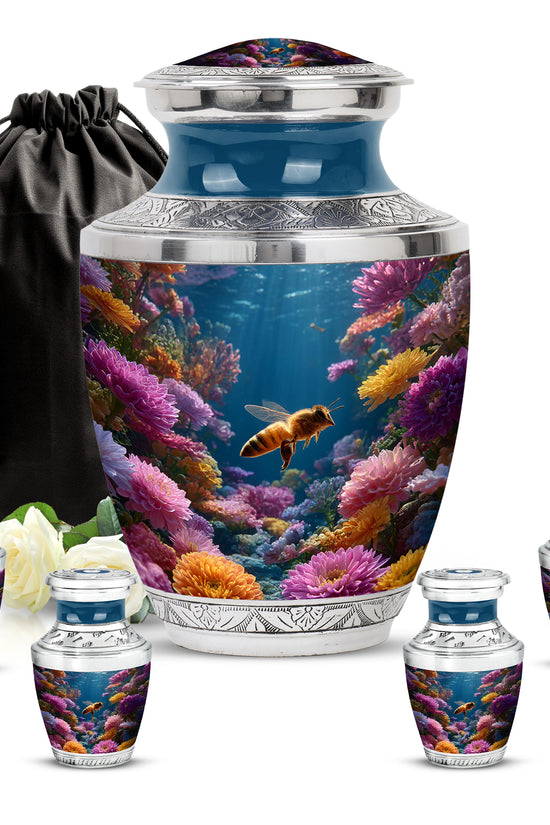 Slate Blue Bee Cremation Urn lifestyle display on memorial shelf - contemporary bee design with modern artistic flair - memorial set with one large and four small urns