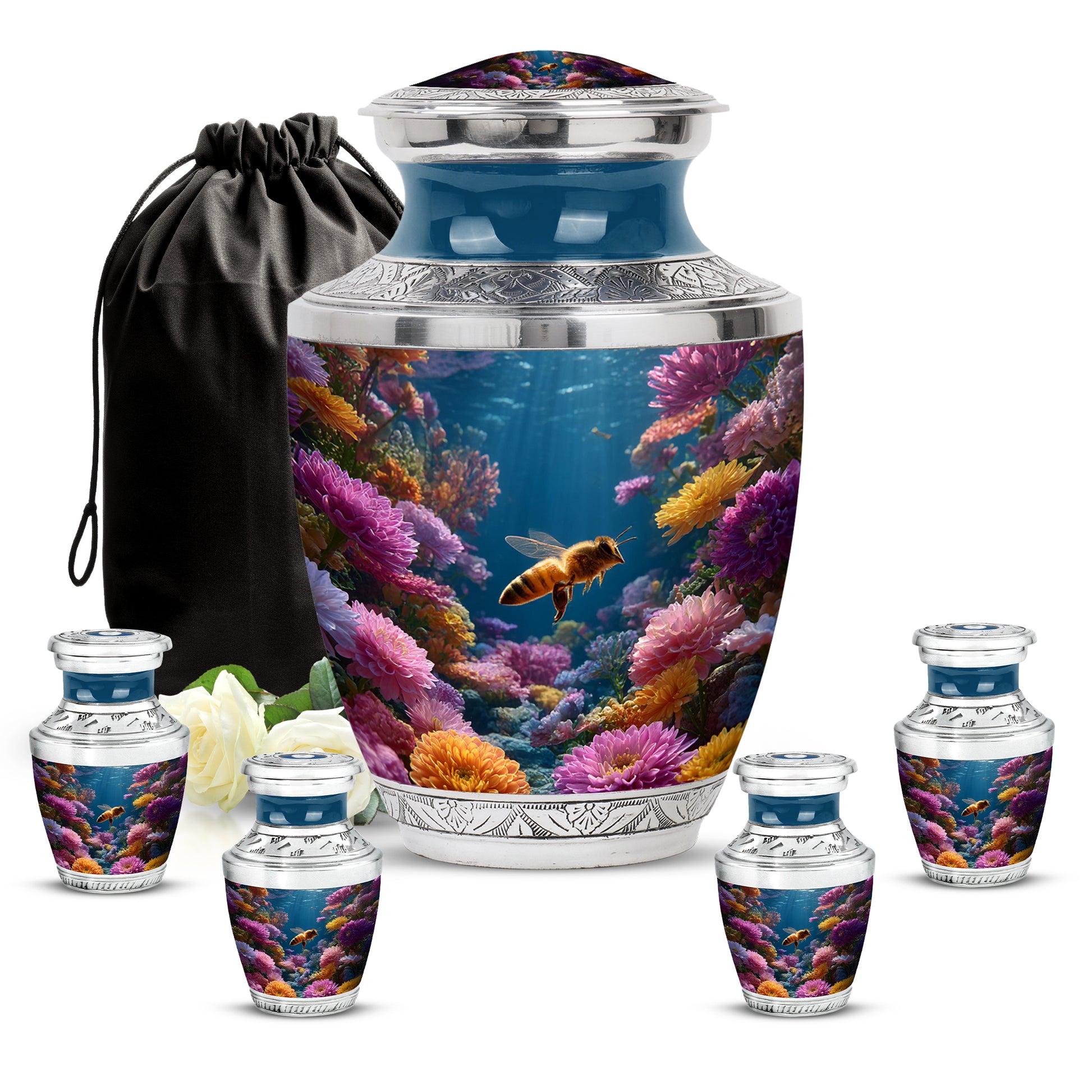 Slate Blue Bee Cremation Urn lifestyle display on memorial shelf - contemporary bee design with modern artistic flair - memorial set with one large and four small urns