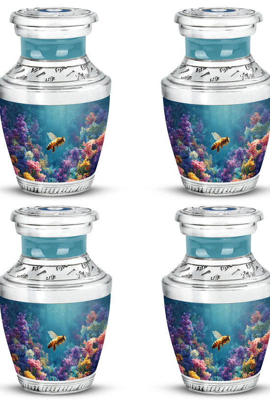 Soft Teal Bee Cremation Urn back view with polished surface - modern art-inspired bee motif on sleek aluminum - 10 inch aluminum urn for cremated remains