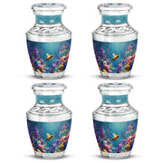 Soft Teal Bee Cremation Urn back view with polished surface - modern art-inspired bee motif on sleek aluminum - 10 inch aluminum urn for cremated remains
