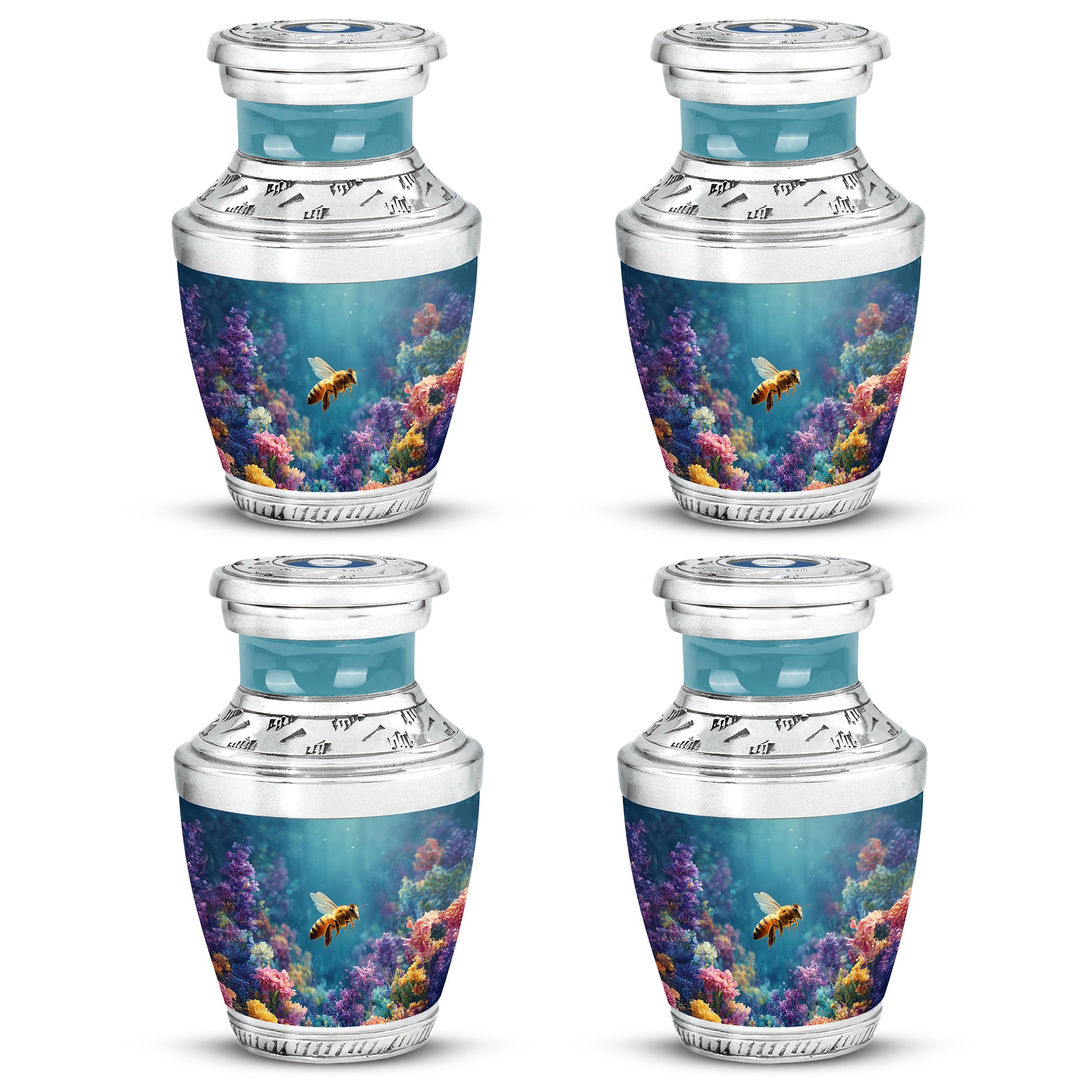 Soft Teal Bee Cremation Urn back view with polished surface - modern art-inspired bee motif on sleek aluminum - 10 inch aluminum urn for cremated remains