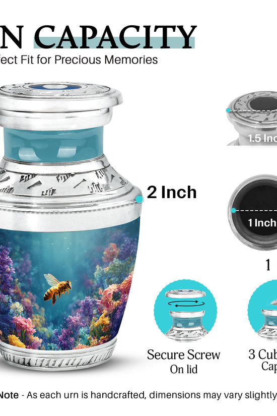 Deep Teal Bee Cremation Urn top-down view of secure threaded lid - artistic bee interpretation with creative detail - mini keepsake memorial for portion of cremation ashes