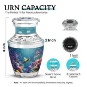 Deep Teal Bee Cremation Urn top-down view of secure threaded lid - artistic bee interpretation with creative detail - mini keepsake memorial for portion of cremation ashes